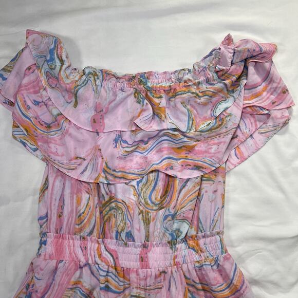 Buddy Love Dress Size M Pink Swirl Off Shoulder Smocked Waist Chiffon Mini NWT - Picture 9 of 12